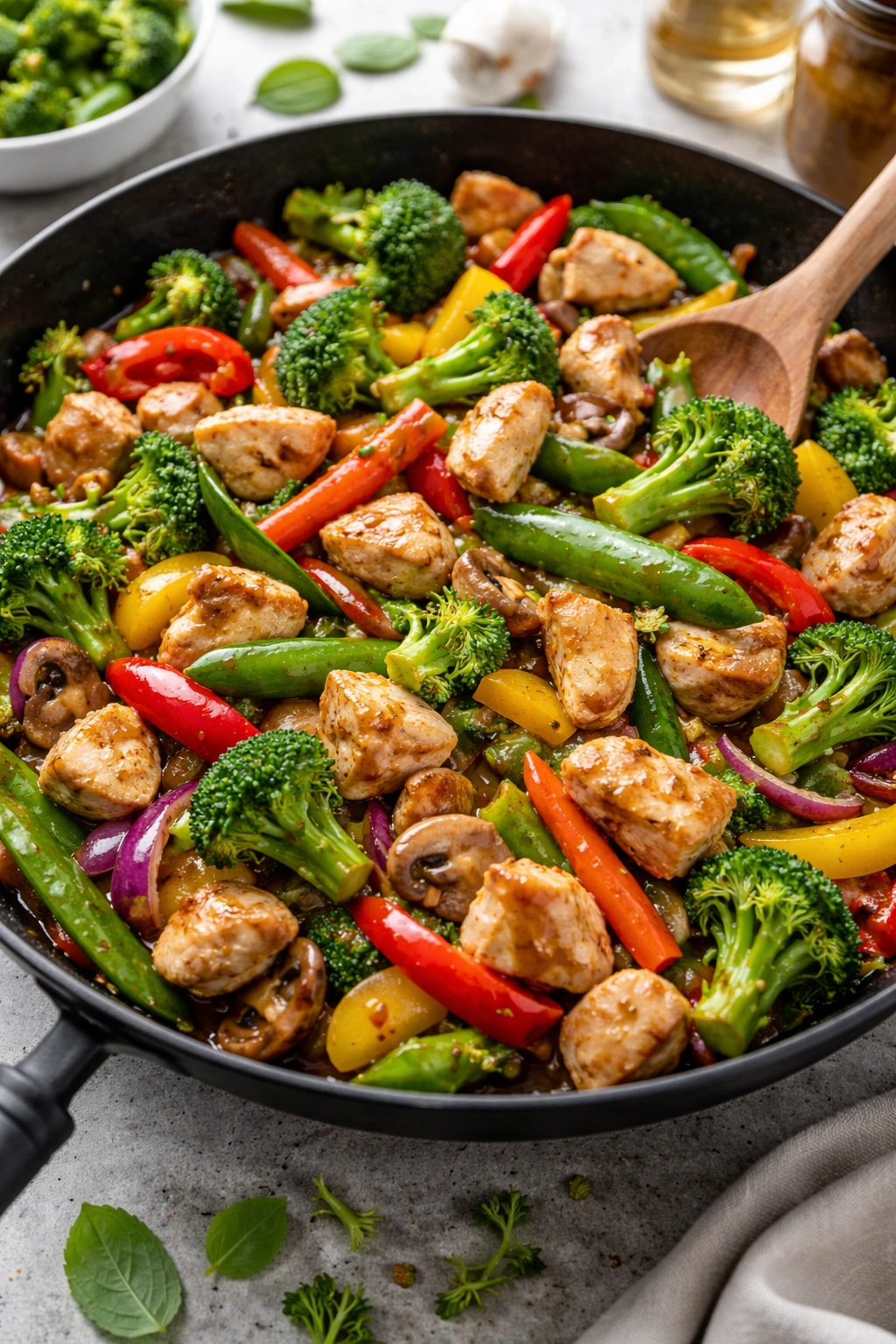 Vibrant vegetable stir-fry with tofu or chicken, healthy diabetes-friendly dinner