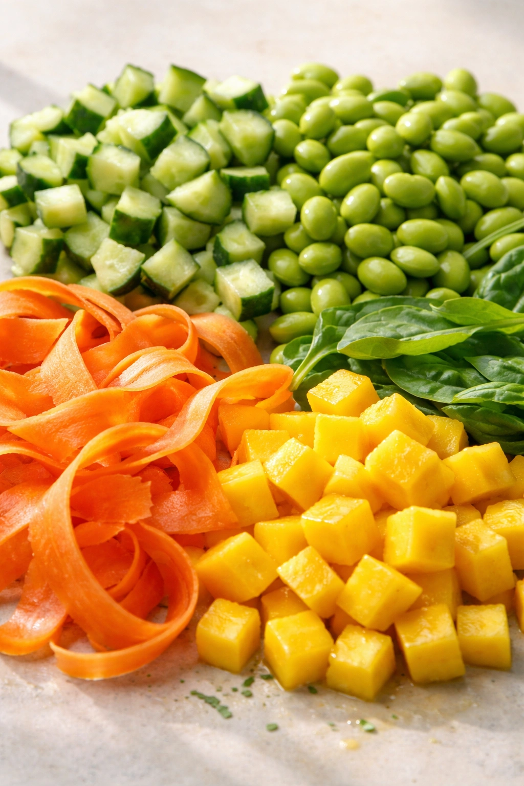 Colorful vegetable toppings for poke bowl