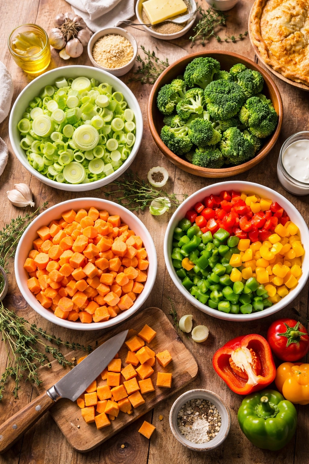 Colorful vegetables arranged as variations for chicken pie filling