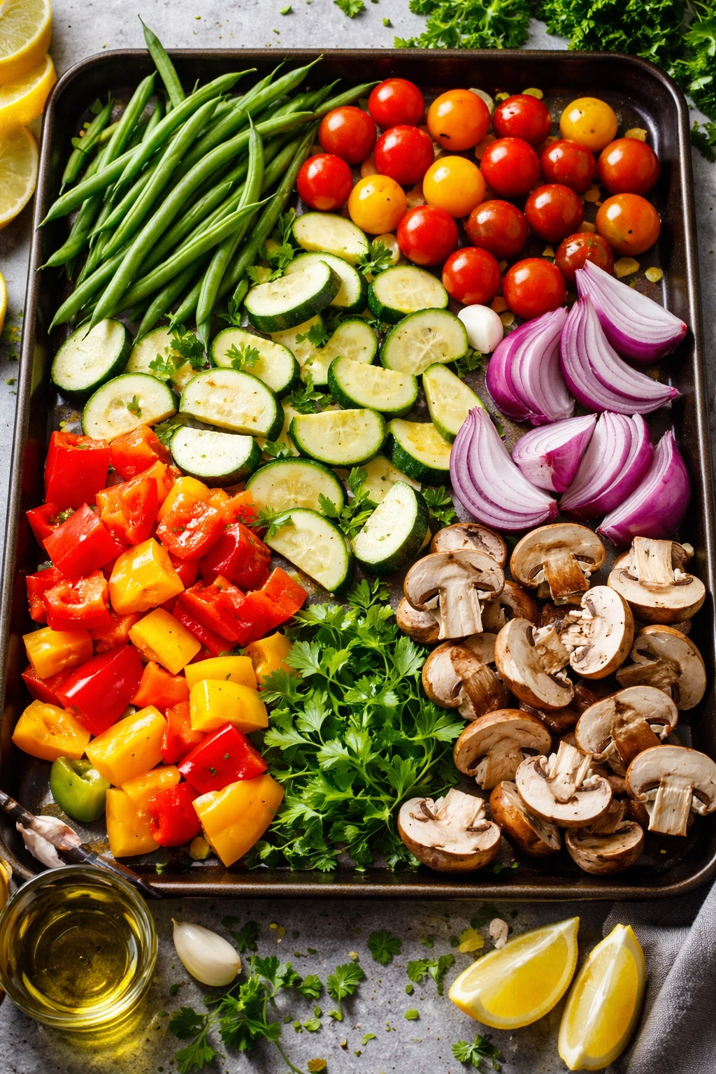 Colorful assortment of vegetables for roasting.