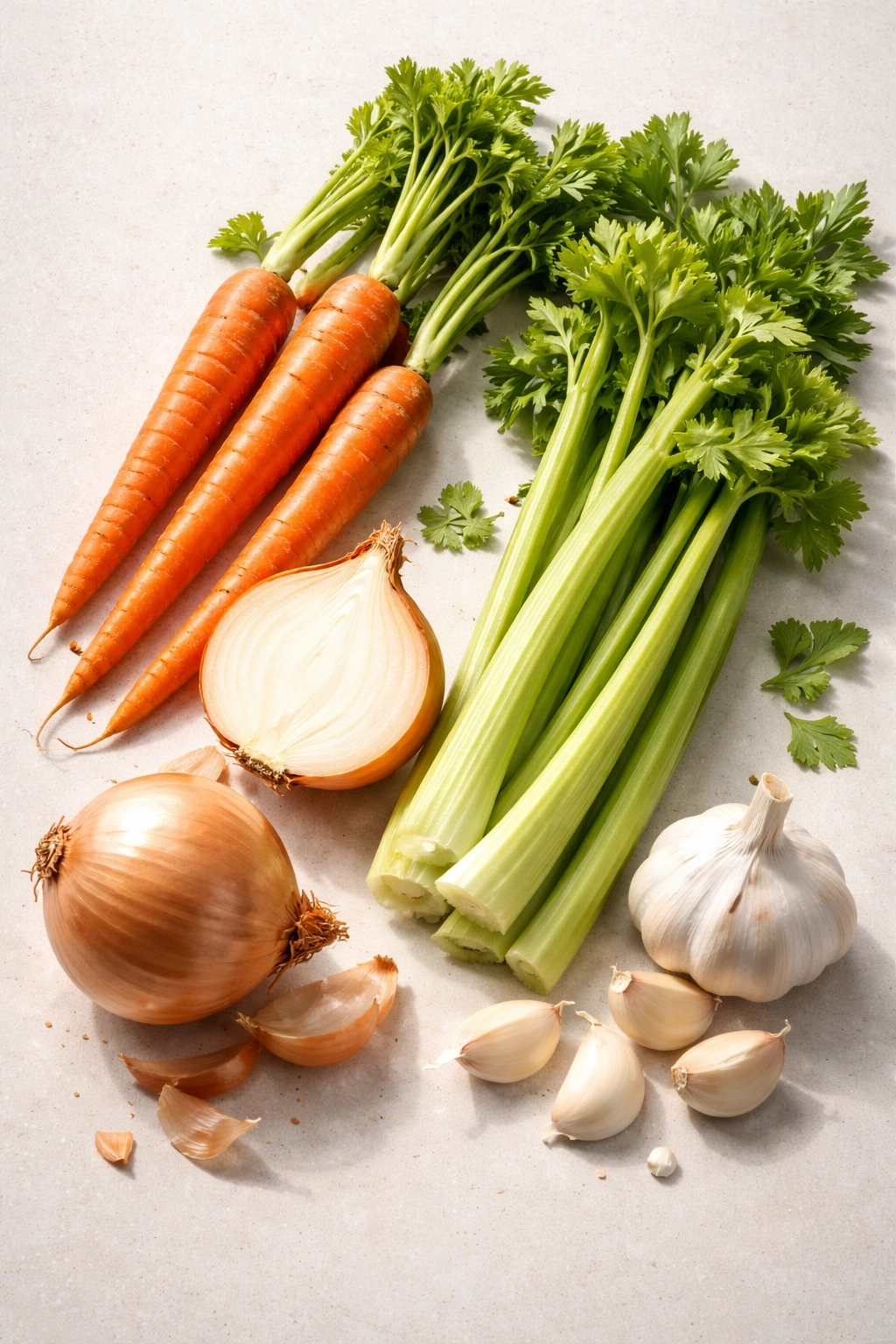 Mirepoix with onion, celery, carrot and garlic