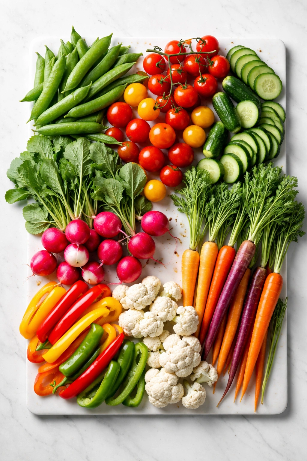 Colorful vegetables arranged in clusters for freshness and crunch on a grazing board
