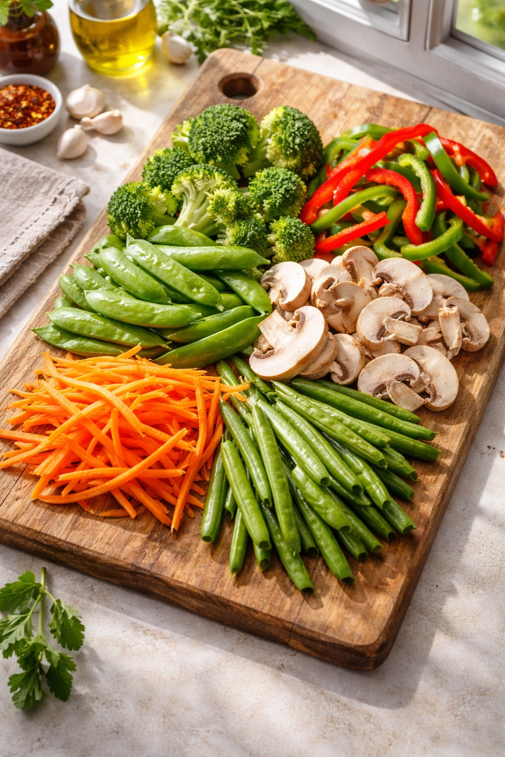 Colorful mix of broccoli, peppers, peas, mushrooms, carrots, and green beans on a cutting board.