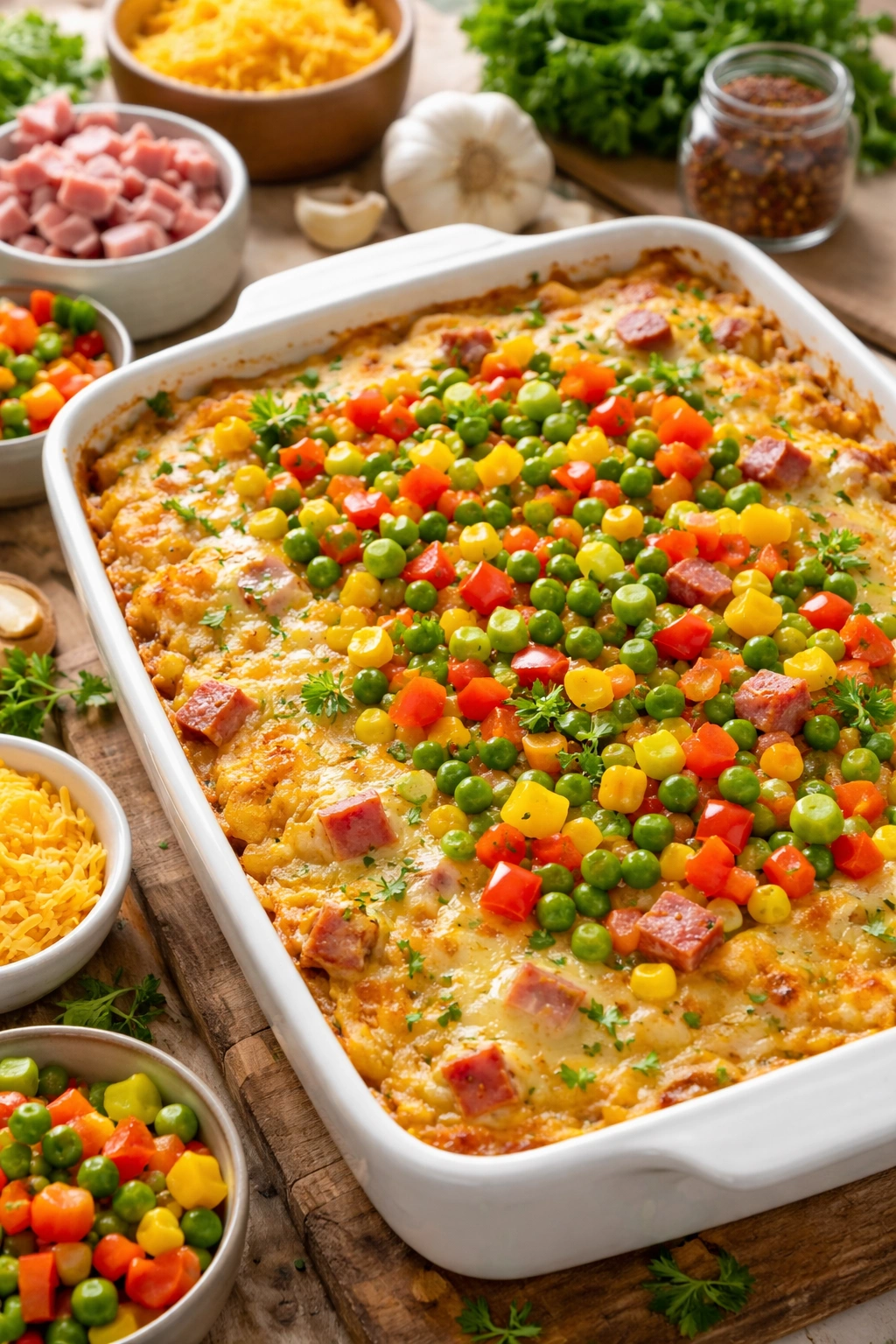 Casserole with vegetables and different cheese toppings