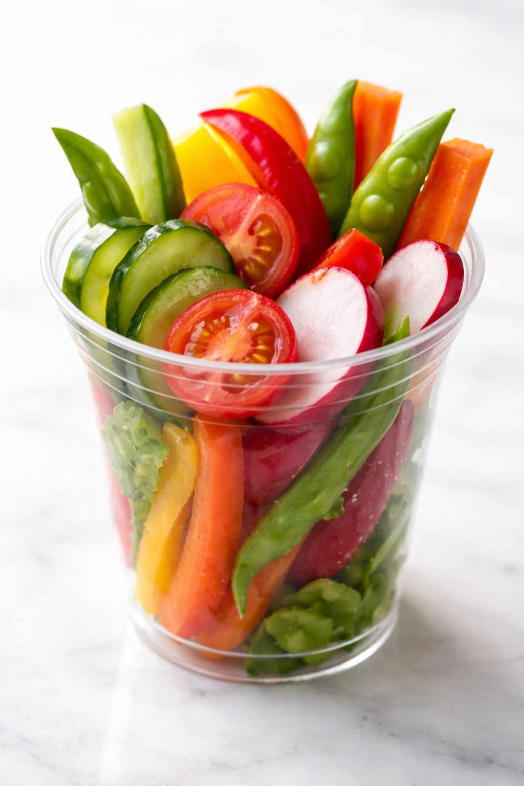 Charcuterie cup filled with crisp cucumbers, tomatoes, peppers, radishes
