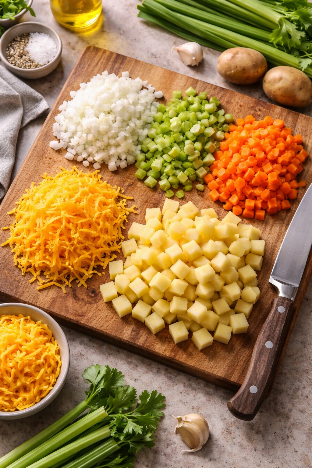 Diced onion, celery, and carrot on cutting board ready for prep