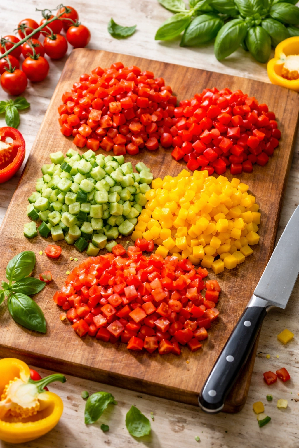 Uniform diced vegetables on a cutting board ready to be mixed into pasta salad