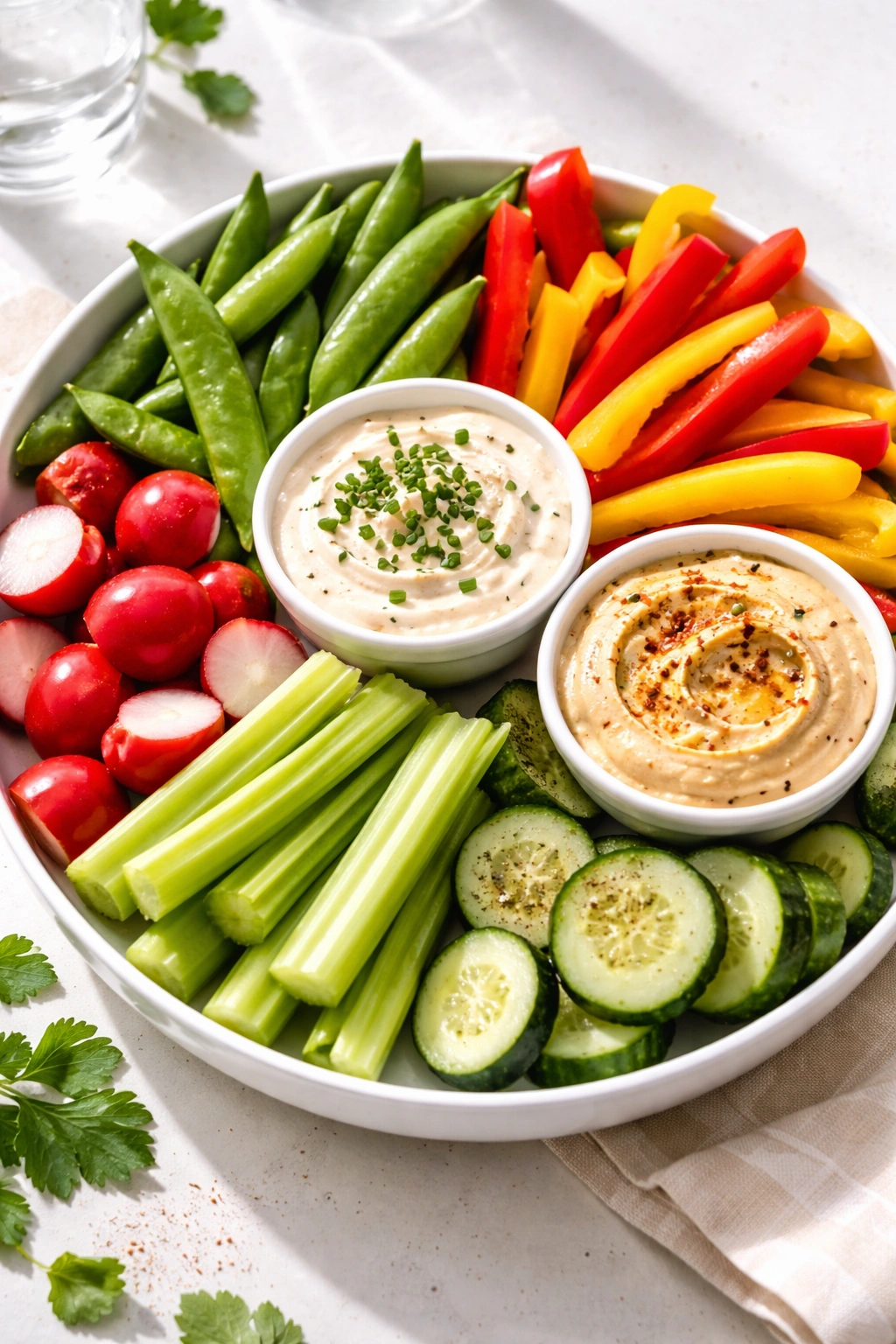 Colorful vegetables with dip arranged ready for a work snack