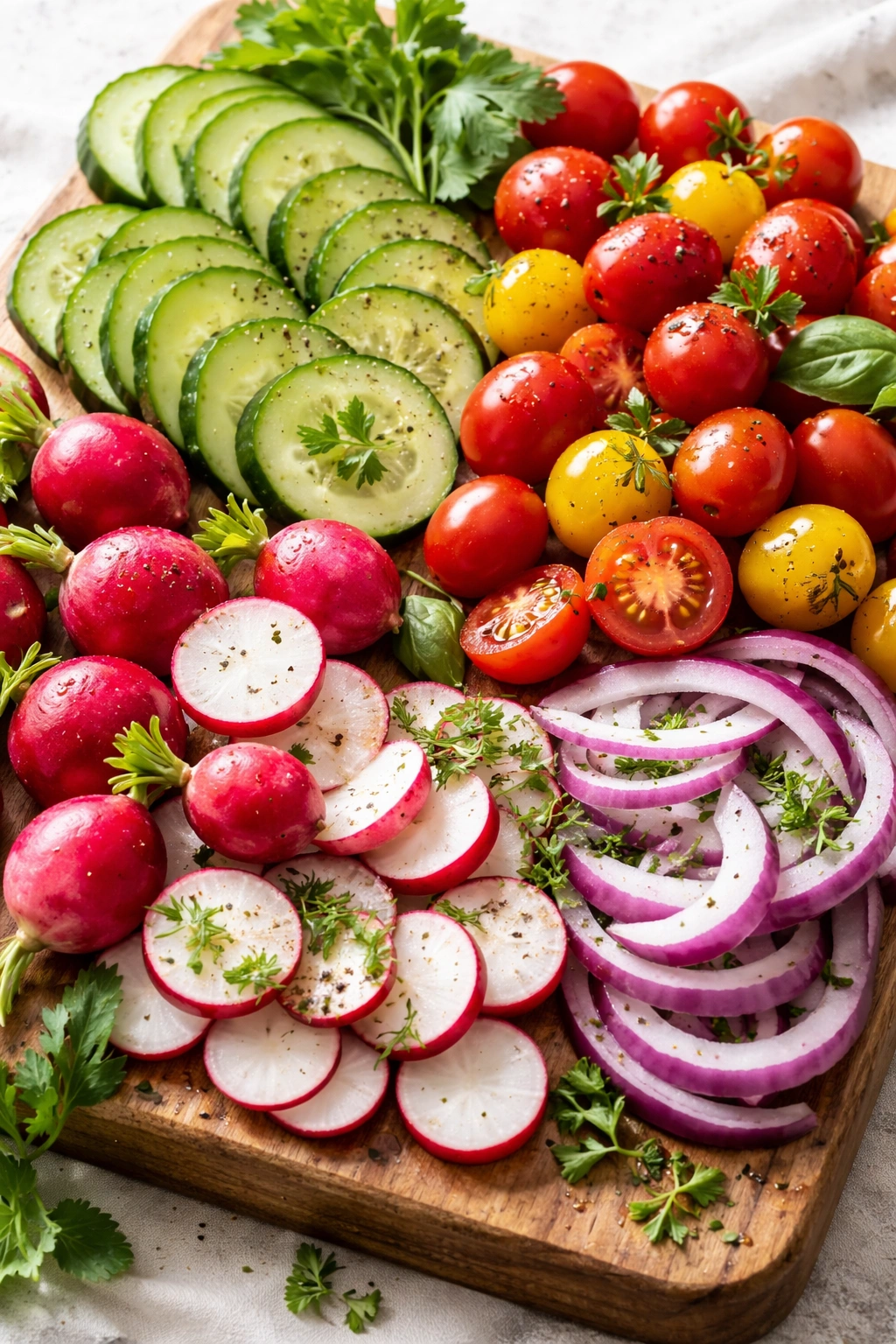 Radishes, tomatoes, cucumbers, and onions on a brunch board.