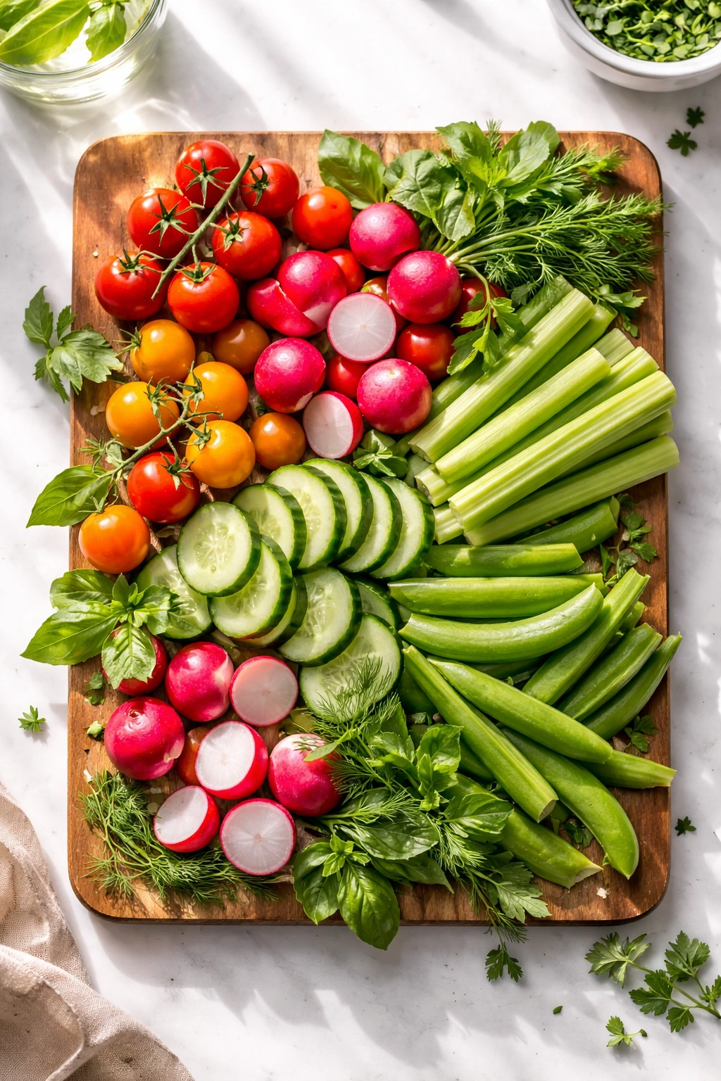 Colorful vegetables and herbs on a board