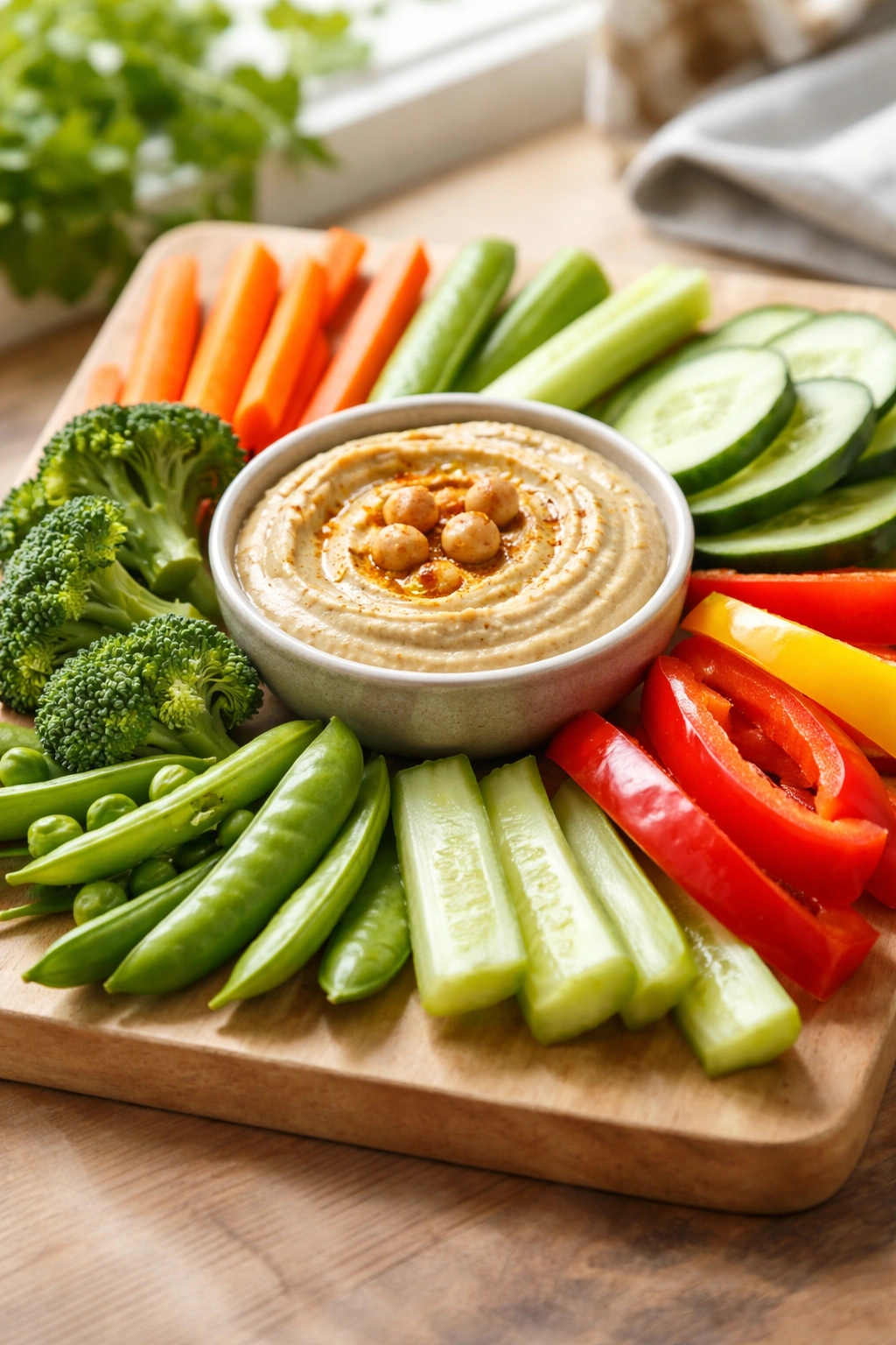 Raw vegetables with hummus arranged on a wooden board for a clean, healthy snack