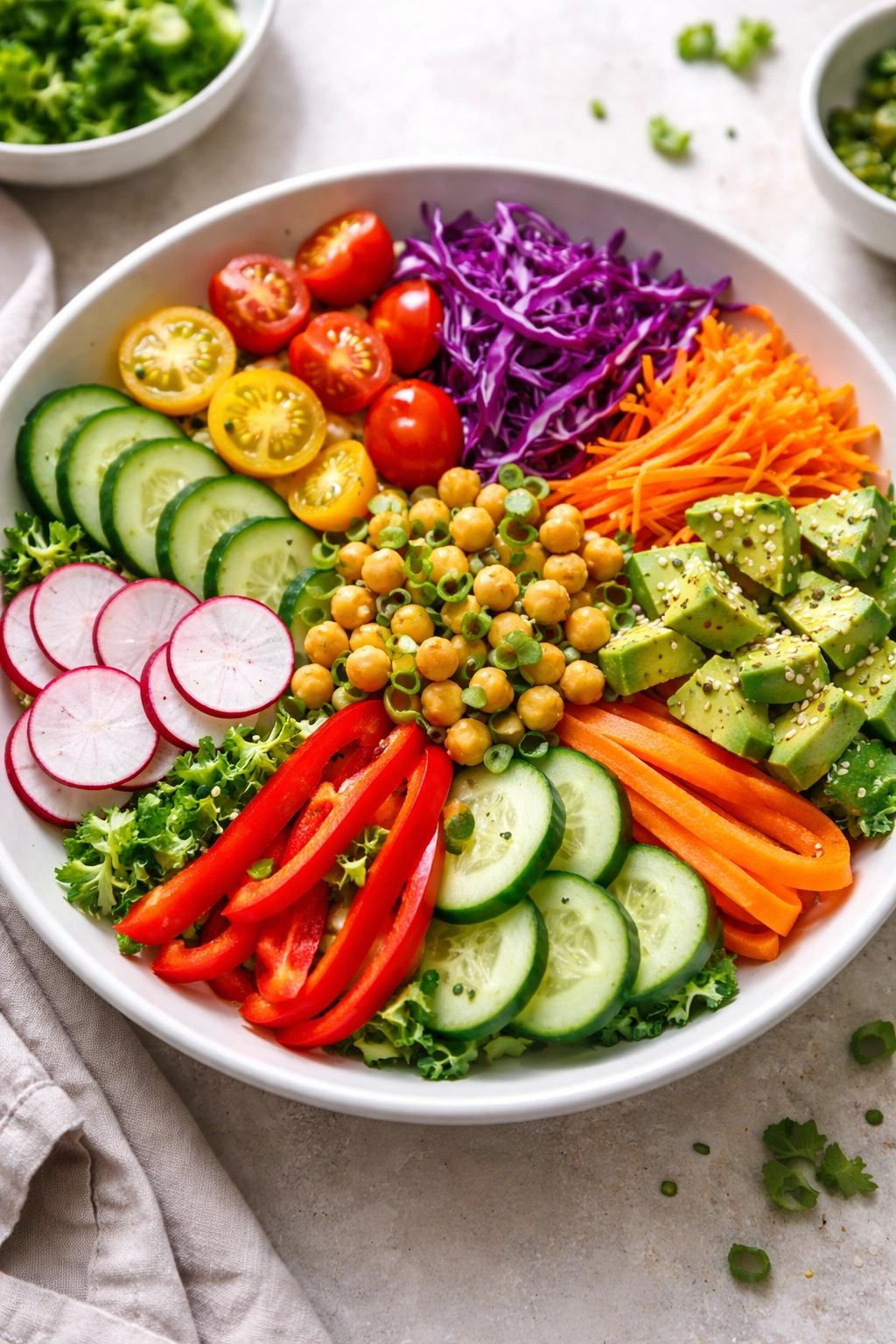 Colorful raw vegetables arranged on a plate for vibrant vegetable layer in a grain bowl.