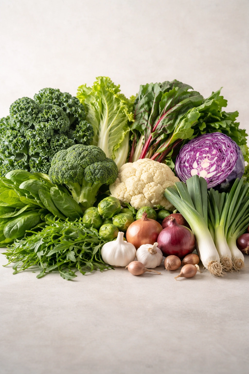 Assorted vegetables representing leafy greens, cruciferous, and allium groups