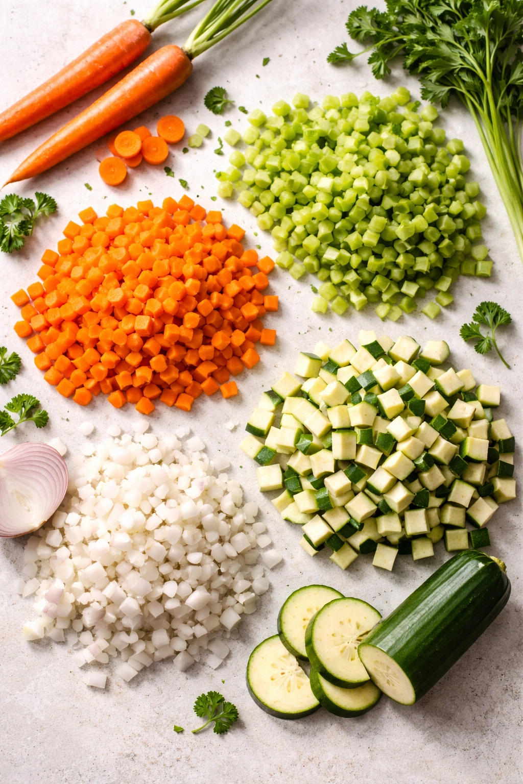 Fresh chopped vegetables for minestrone on a clean surface