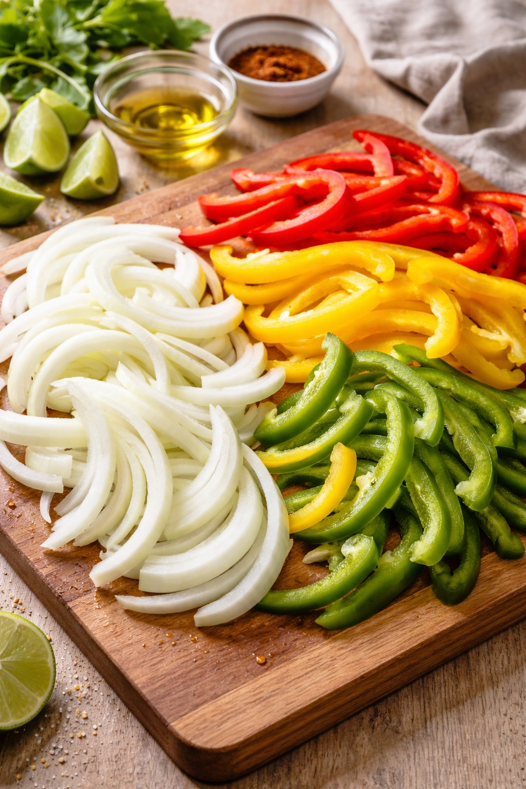 Colorful onion and bell pepper slices on cutting board