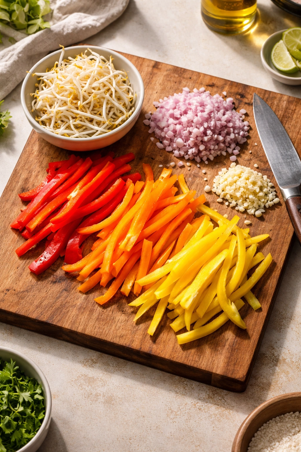 Close-up of sliced peppers, shallots, garlic, and bean sprouts arranged on a cutting board ready for pad Thai prep