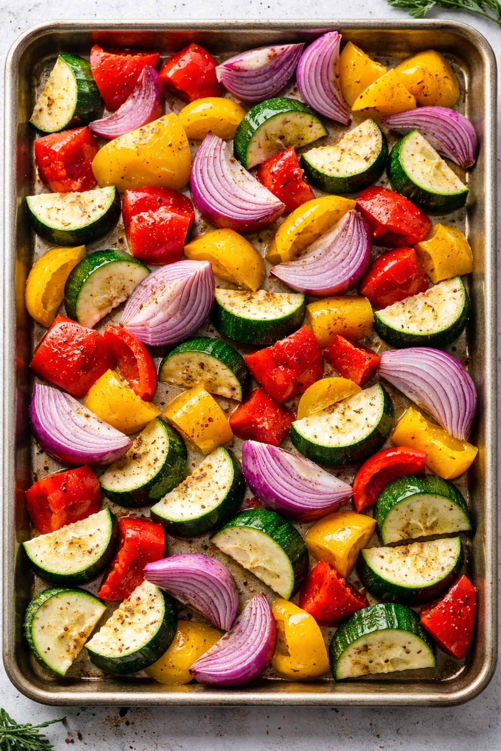 Colorful vegetables peppers onion zucchini on a baking sheet