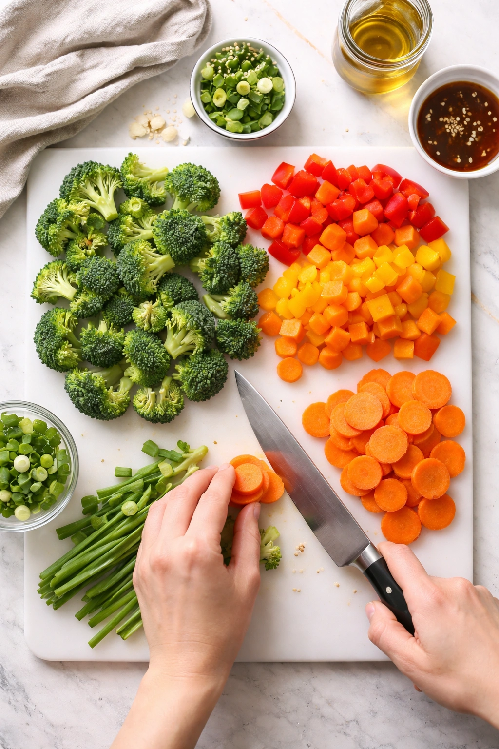 Colorful bite-sized vegetables cut evenly for stir-frying