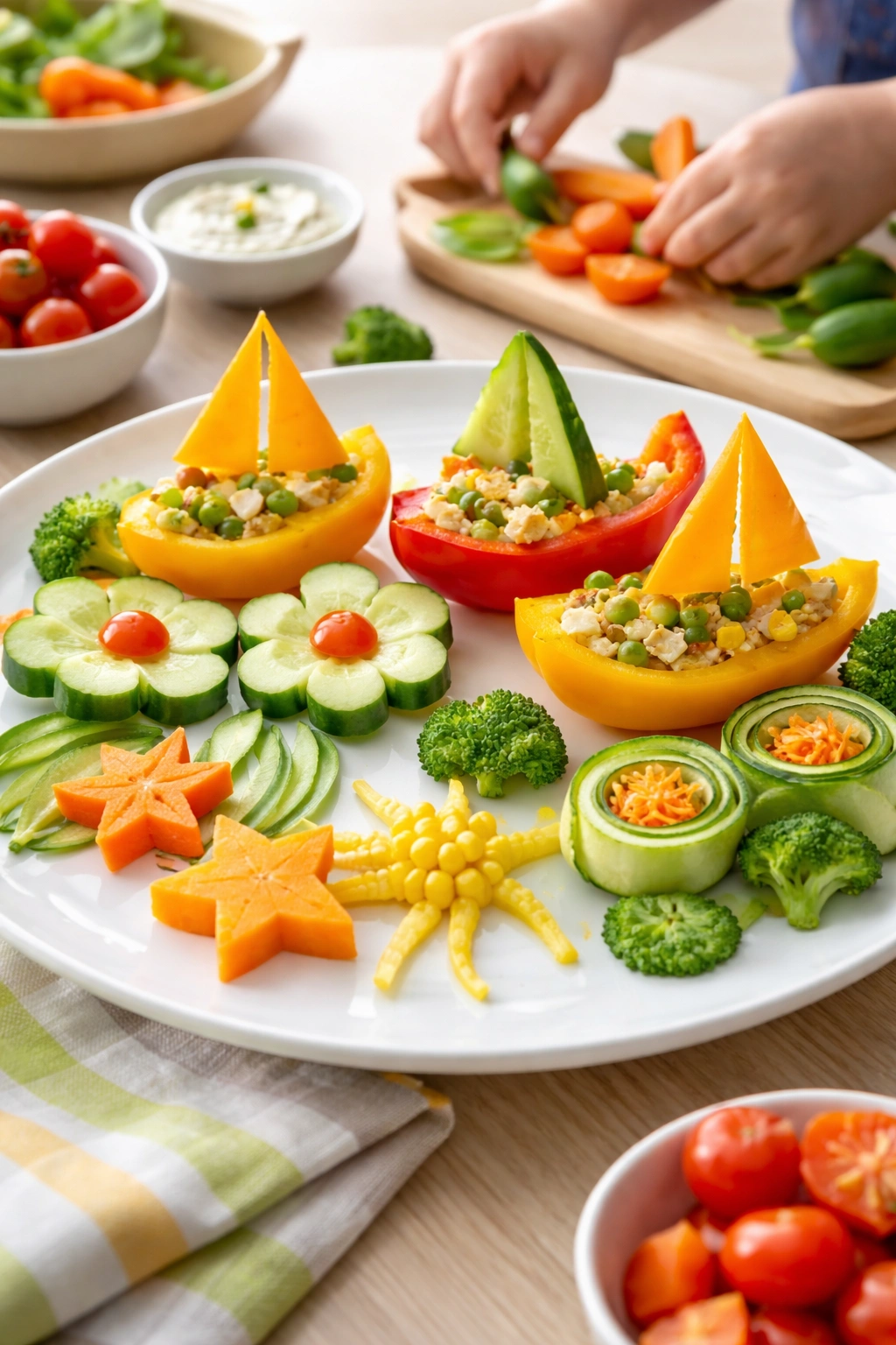 Plate of creatively cut vegetables arranged in playful shapes