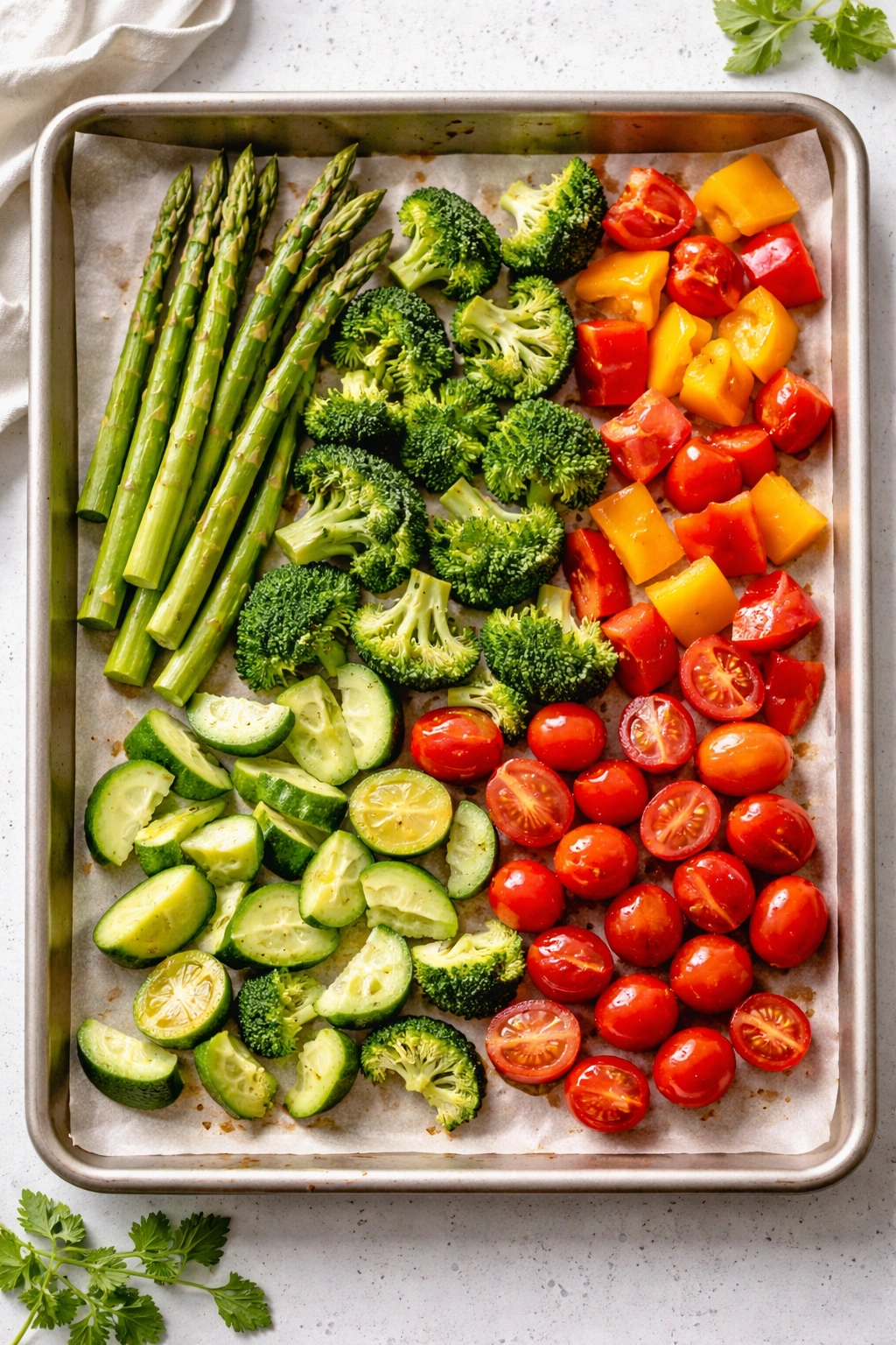 Parchment-lined sheet pan with fast roasting vegetables