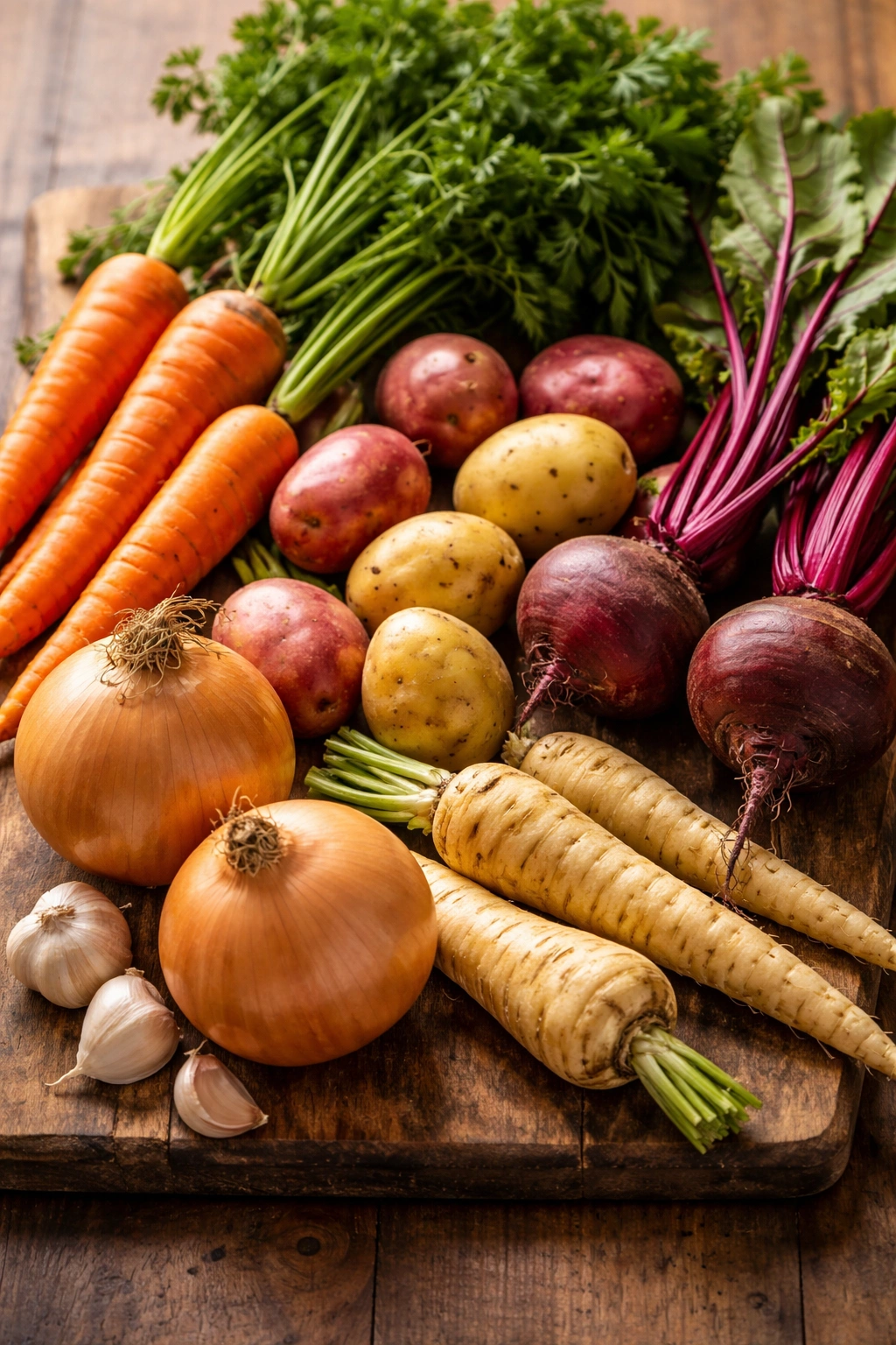 Assorted hardy vegetables on a wooden board