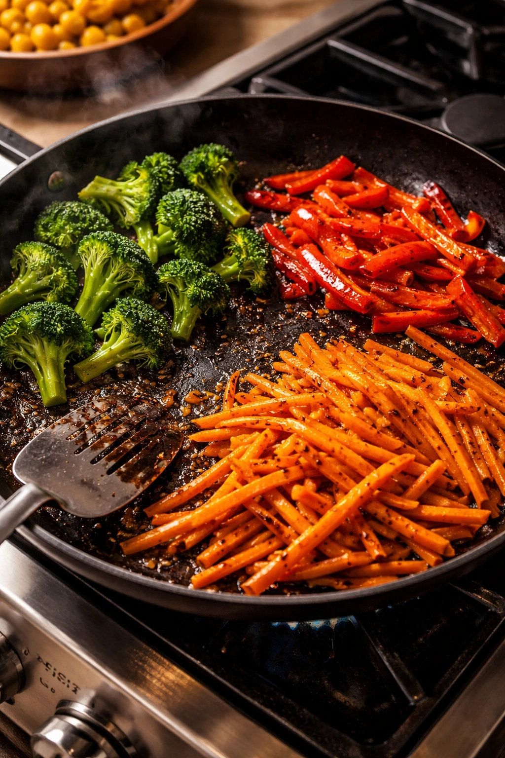 Vegetables browning in a hot skillet in batches.