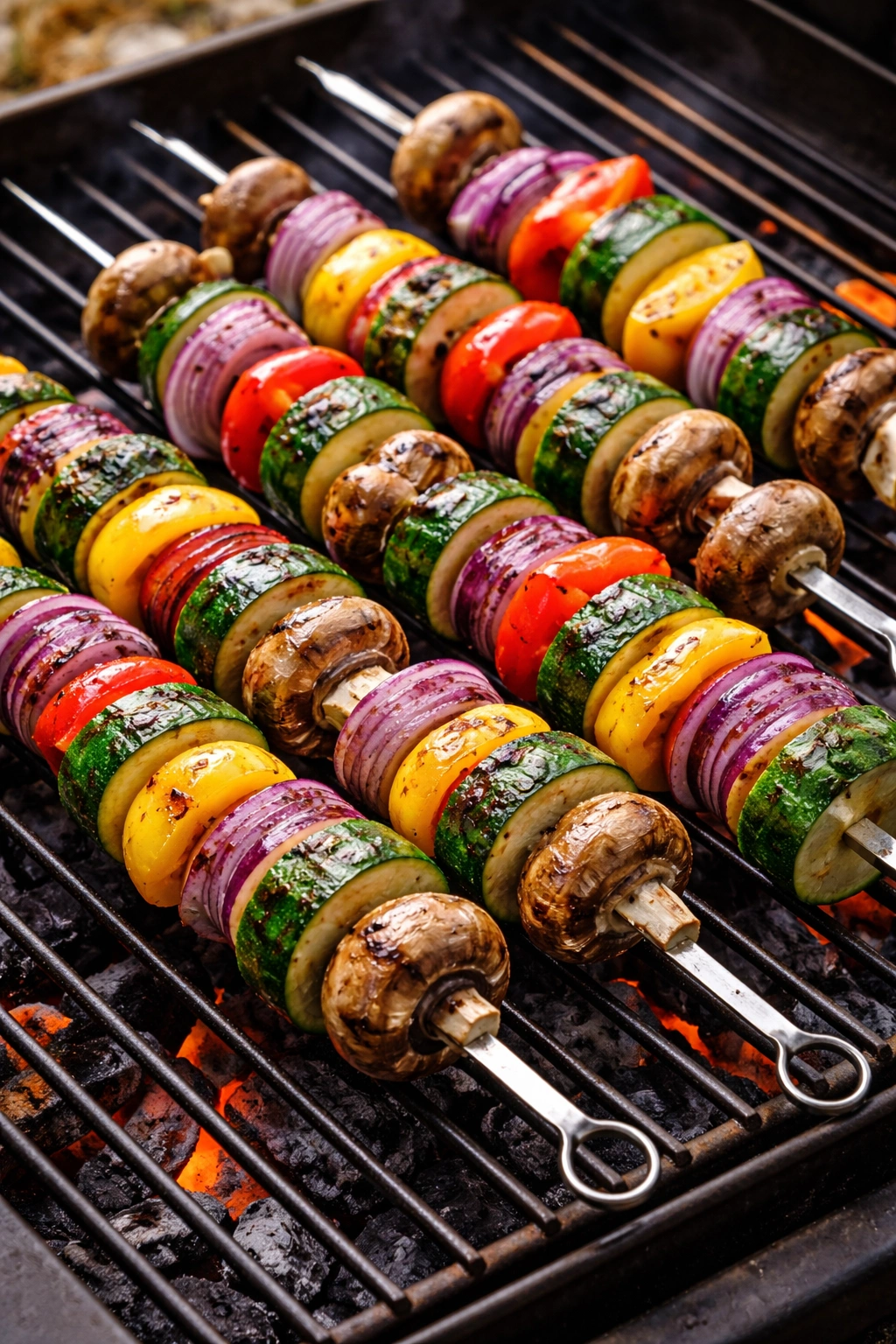 Colorful vegetables on skewers with grill marks