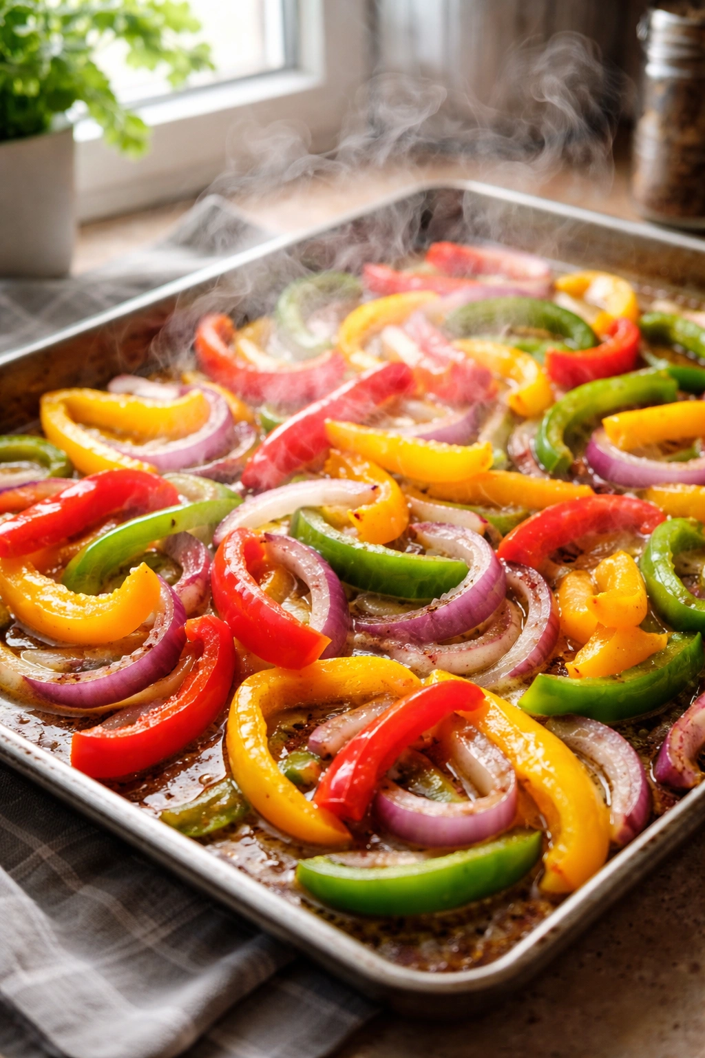 Steam rising from peppers and onions on sheet pan