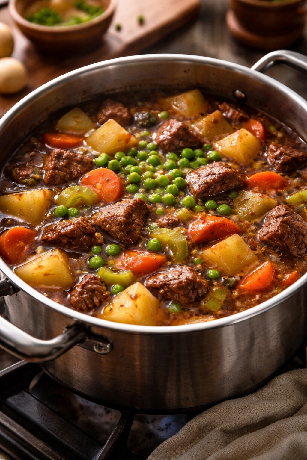 Pot of beef stew with potatoes, carrots, celery, and peas timing vegetables