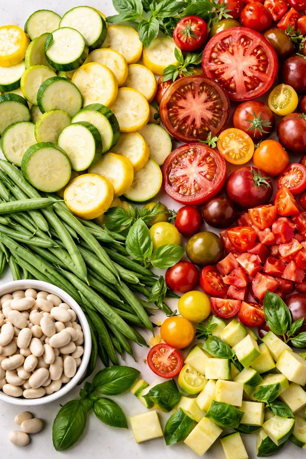 Colorful vegetables arranged in a mosaic representing variations for minestrone