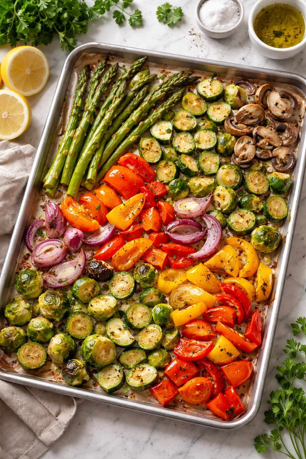 Colorful assortment of vegetables for roasting on a sheet pan