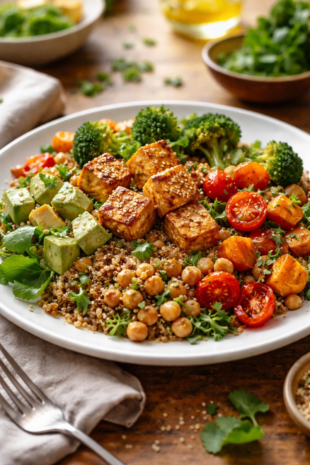 Colorful plant-based dish with vegetables and tofu on a plate