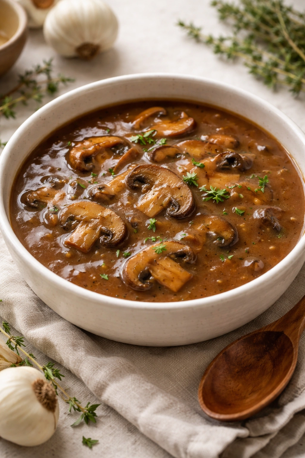 Bowl of vegetarian gravy with mushrooms