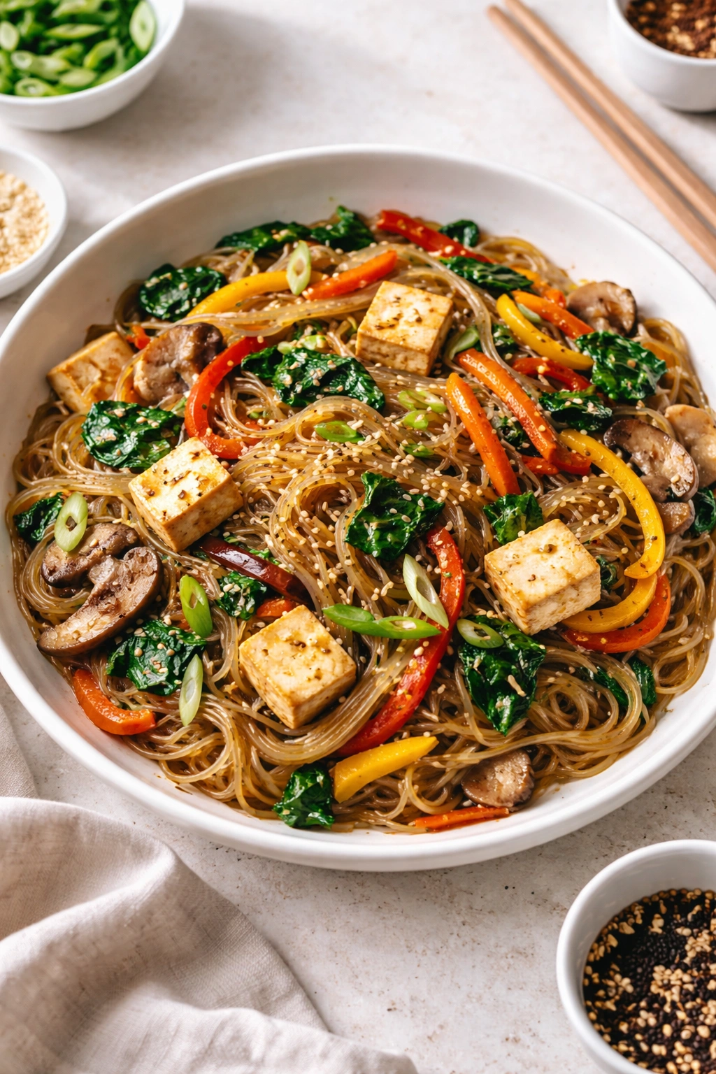 Vegetarian japchae with tofu and vegetables in a white dish