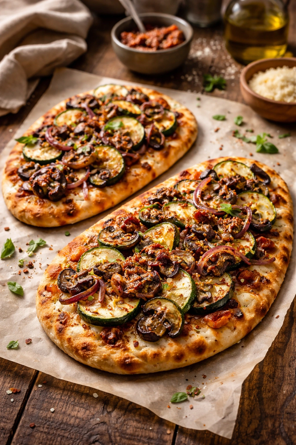 Naan pizza loaded with roasted vegetables