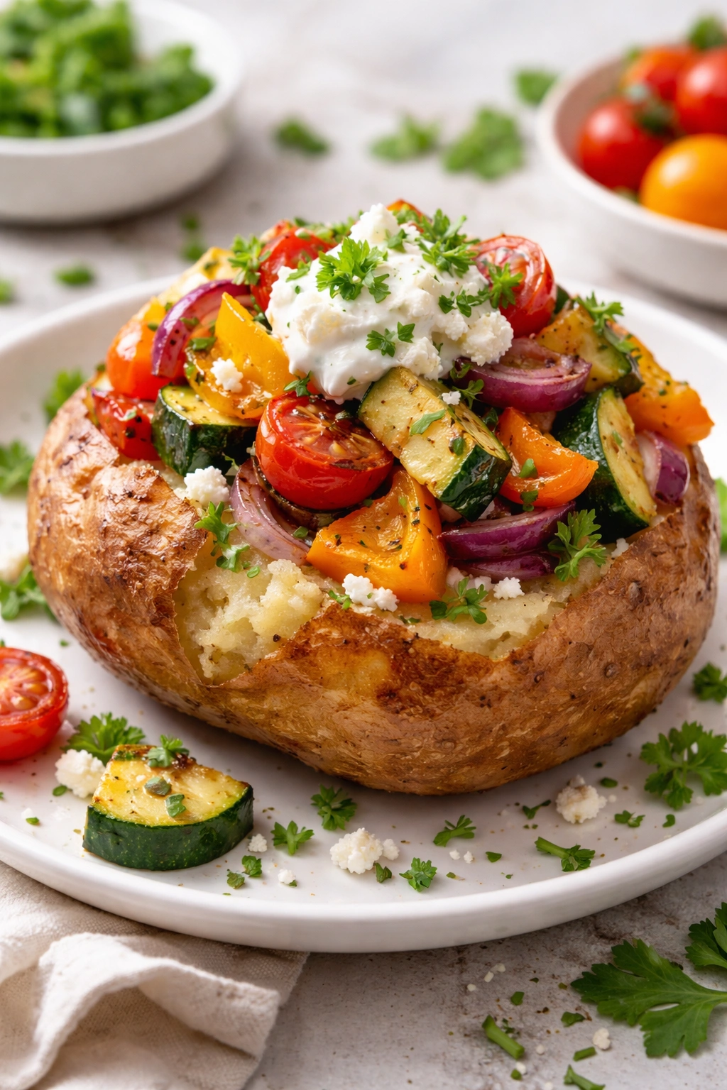 Potato topped with roasted vegetables and herbs