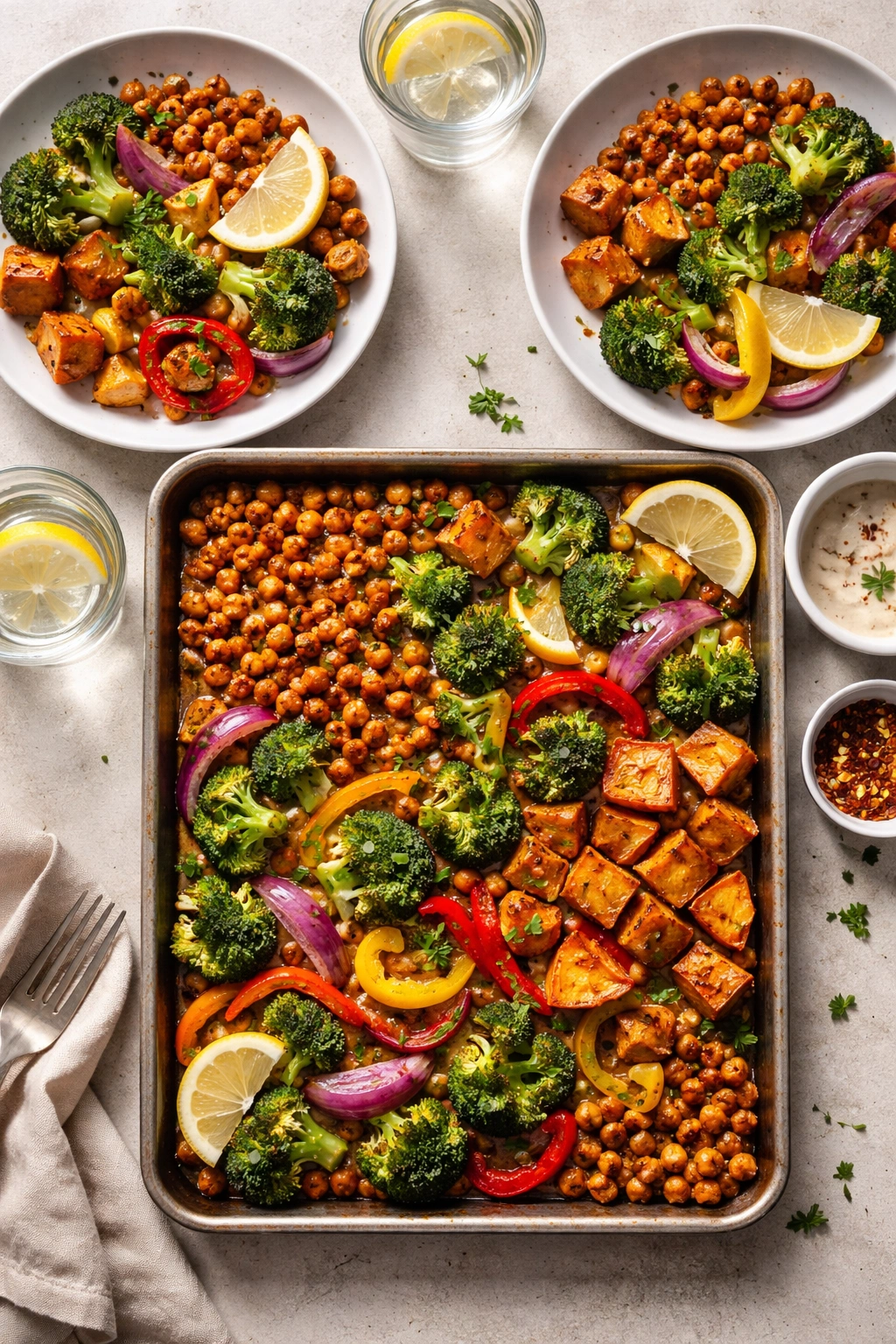 Vegetarian sheet pan dinner for two with chickpeas and roasted vegetables, overhead