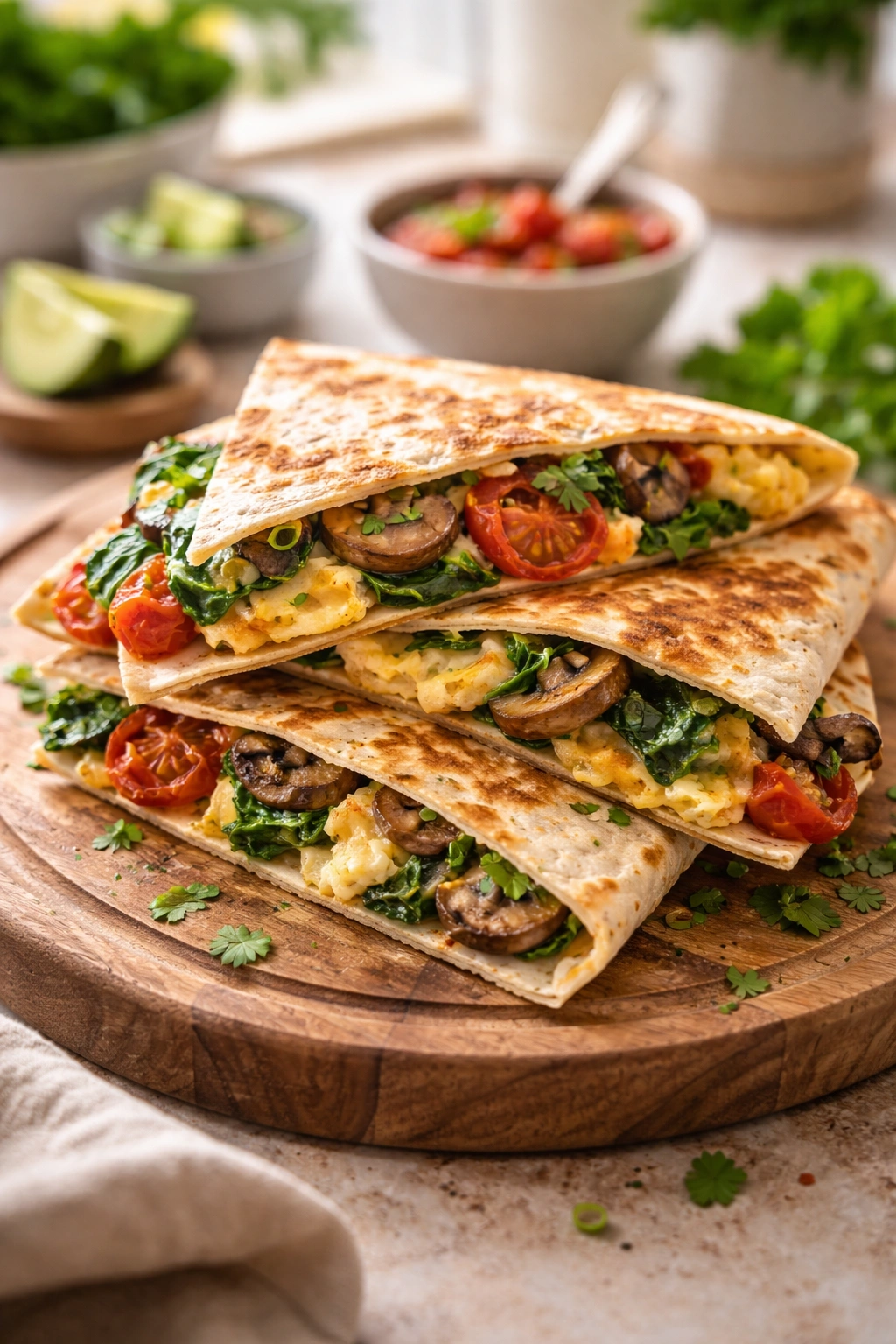 Vegetarian-friendly breakfast quesadilla with visible veggie fillings