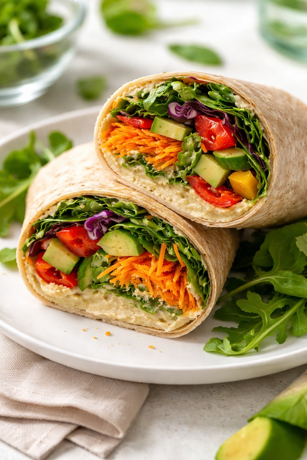 Cross-section of a vegetarian wrap showing hummus and vegetables