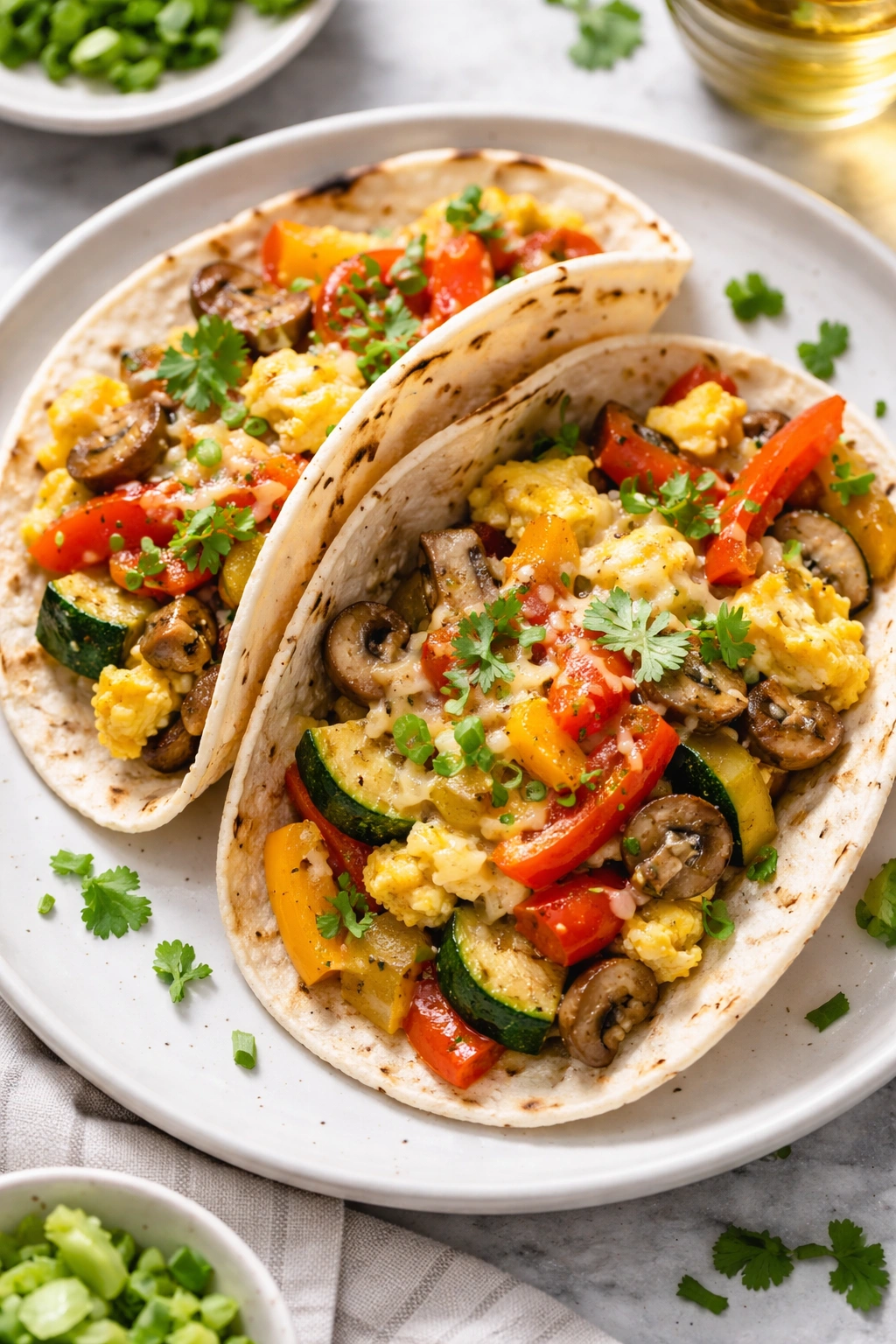 Close-up of veggie-loaded breakfast tacos with peppers and mushrooms