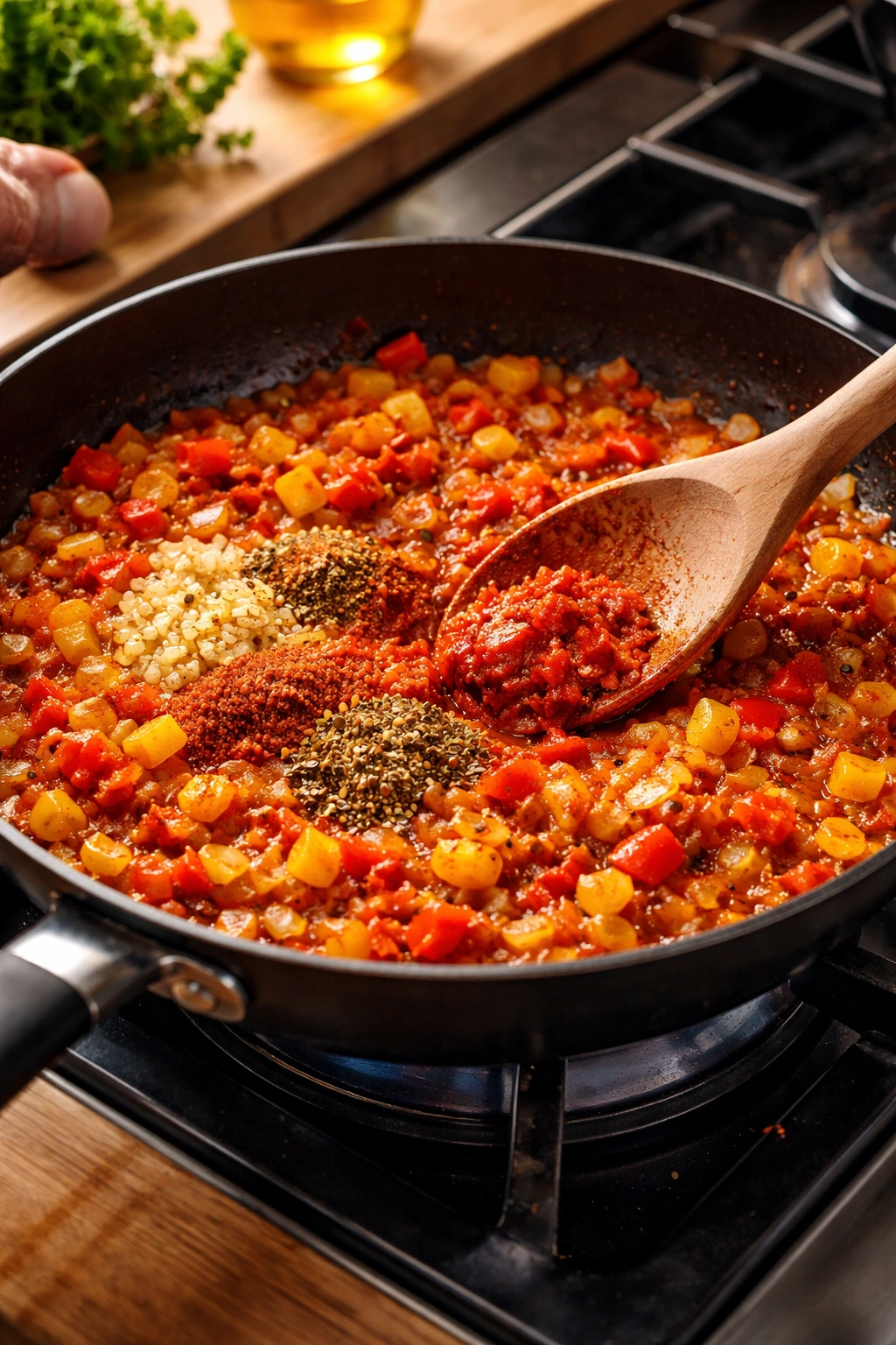 Skillet with onions and peppers and tomato paste filling