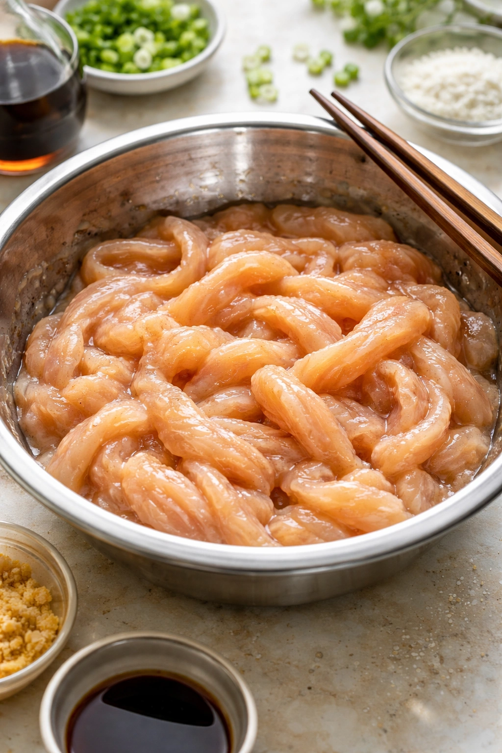 Thin chicken strips coated in cornstarch glaze