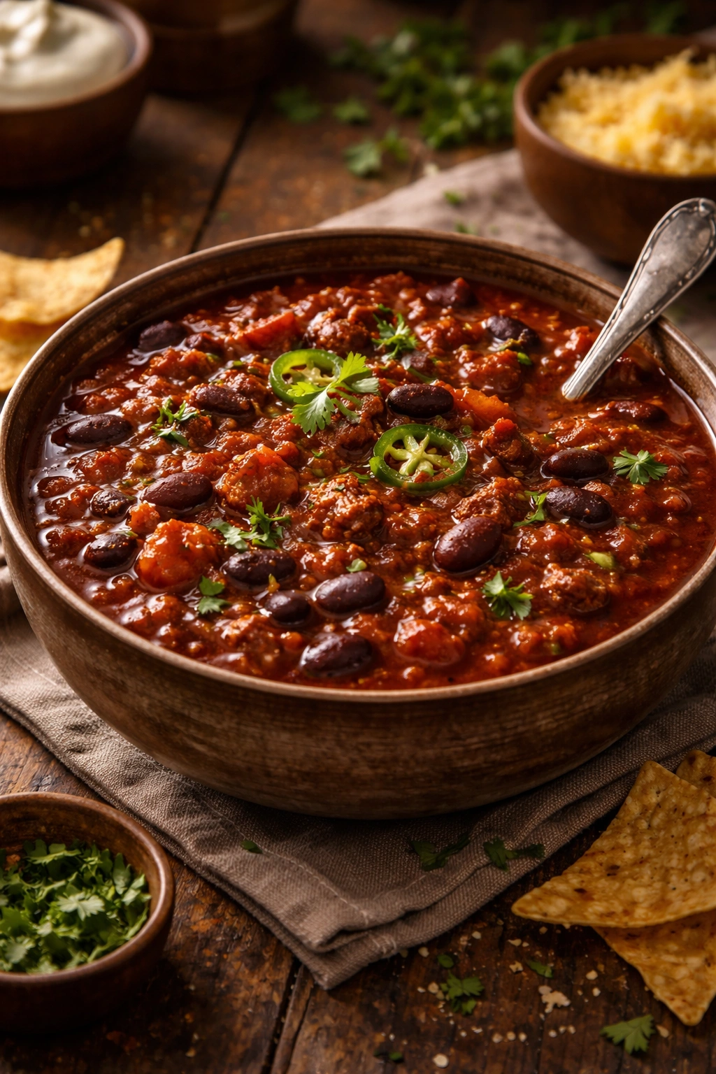 Close-up of venison chili with beans in a rustic bowl.