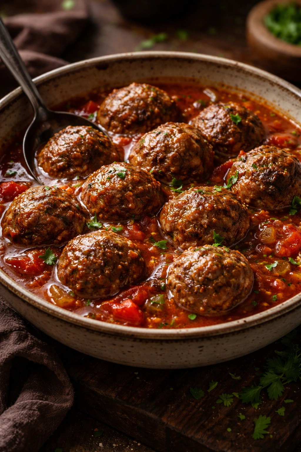 Venison meatballs in tomato sauce in a rustic bowl.