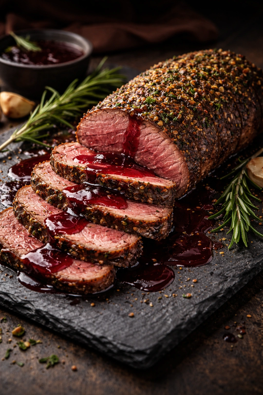 Herb-crusted venison roast with red wine reduction.