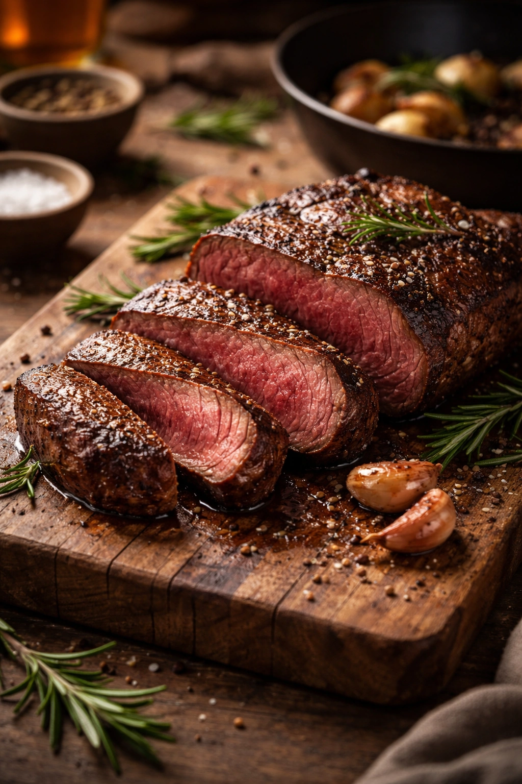 Close-up of a seared venison steak on a wooden board, showing lean, rich red meat