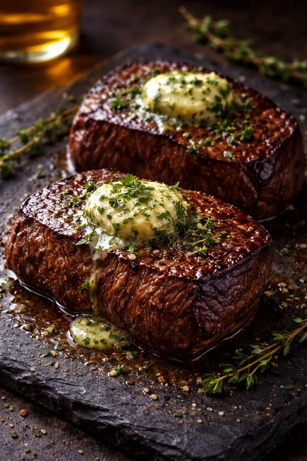 Two venison steaks with herb butter on a dark surface.