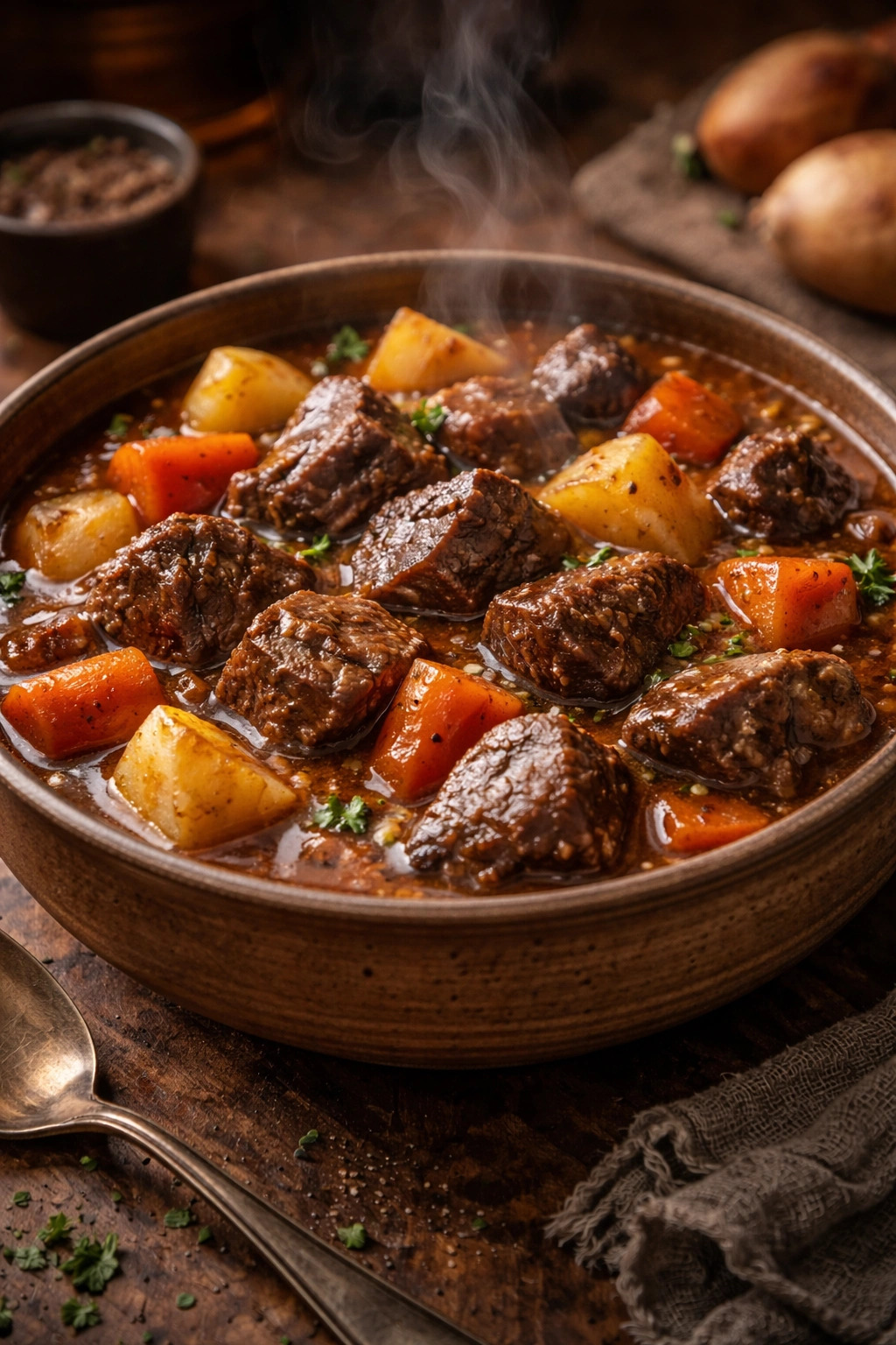 Stew with venison and root vegetables in a rustic bowl.