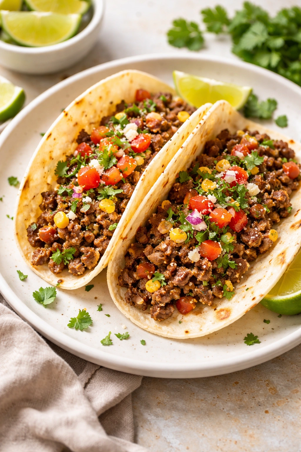 Two venison tacos on a plate with a clean background.