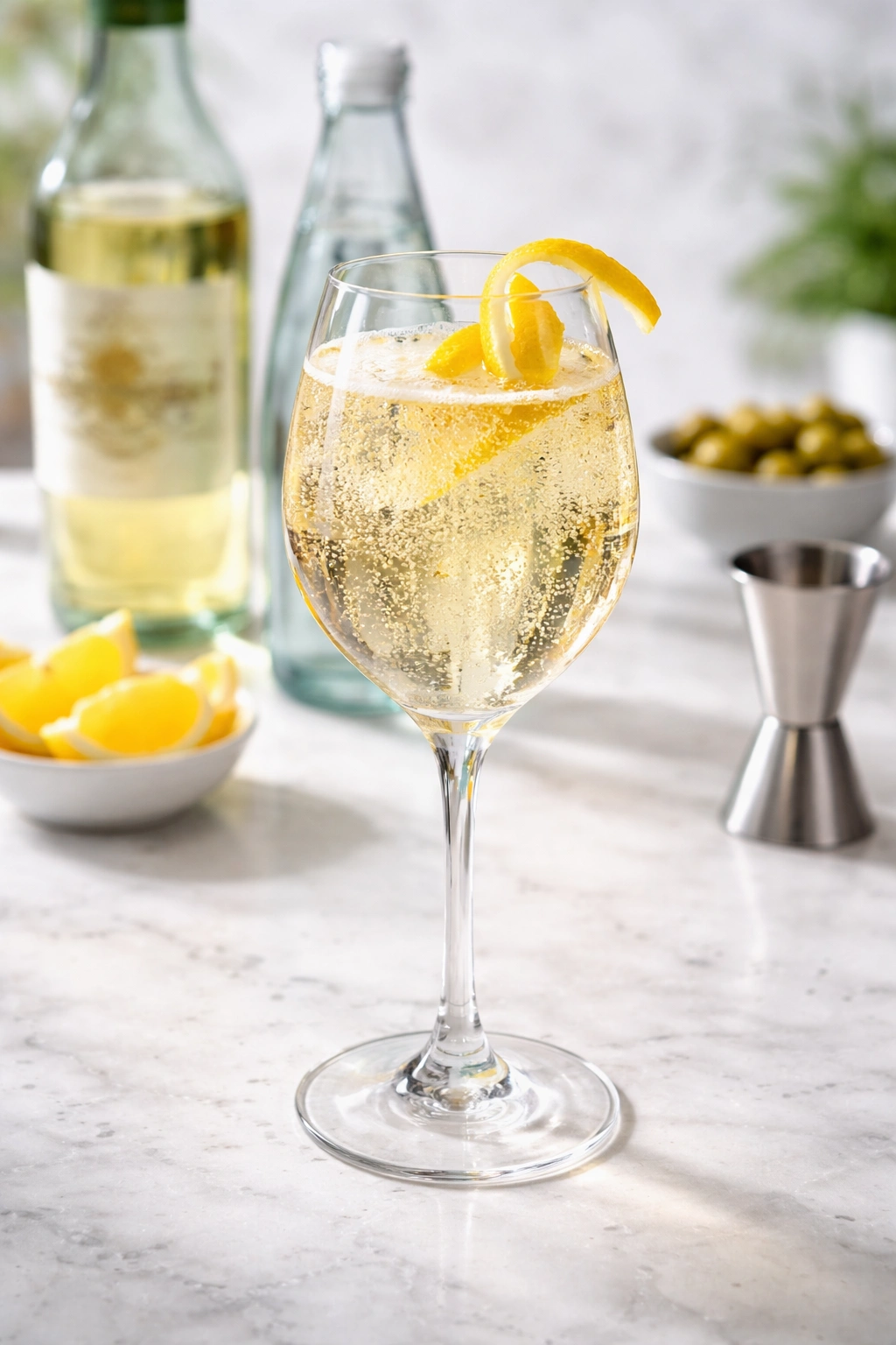 Stemmed glass with pale amber vermouth and bubbles